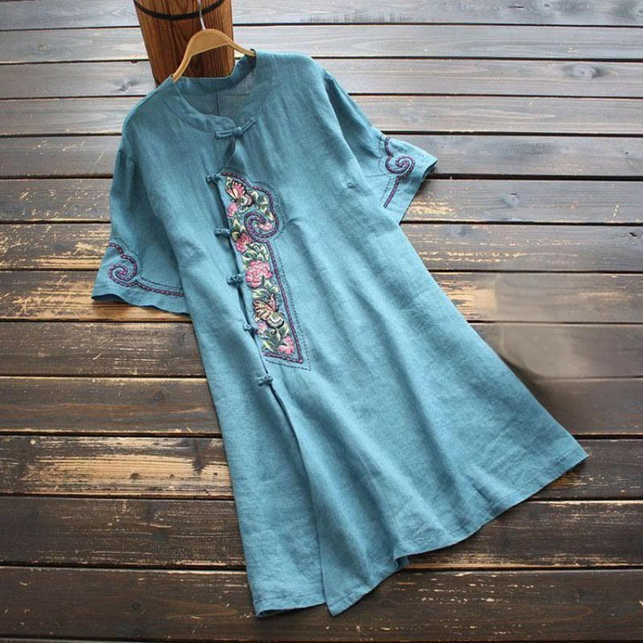 Buddha Stones Casual Loose Stand Collar Button Embroidery Half Sleeve Design Polyester Midi Dress