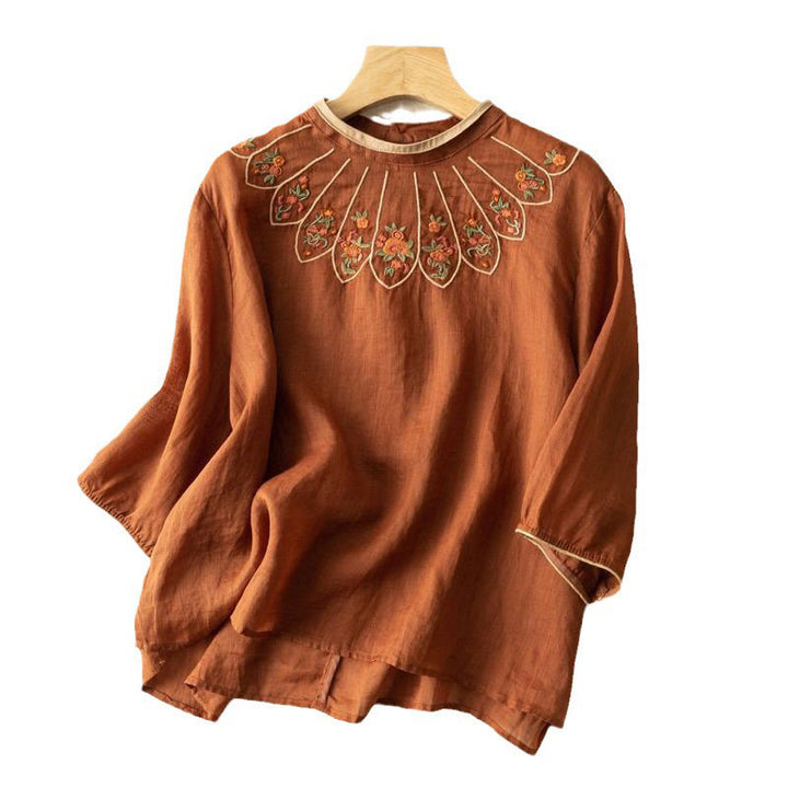 Buddha Stones Casual Embroidered Petals Women's Crew Neck Design Three Quarter Sleeve Cotton Linen T-Shirt