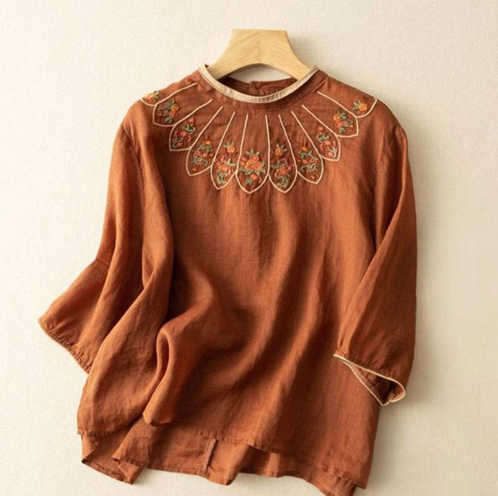 Buddha Stones Casual Embroidered Petals Women's Crew Neck Design Three Quarter Sleeve Cotton Linen T-Shirt