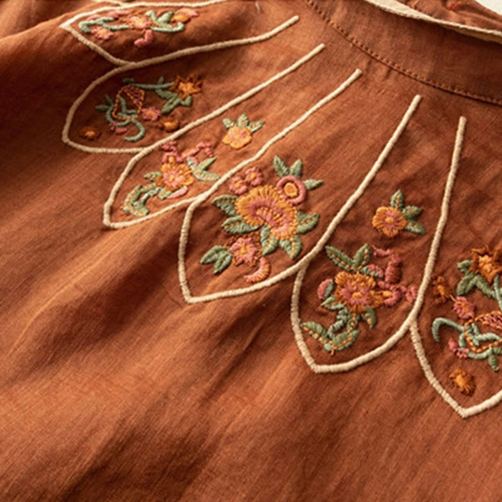 Buddha Stones Casual Embroidered Petals Women's Crew Neck Design Three Quarter Sleeve Cotton Linen T-Shirt