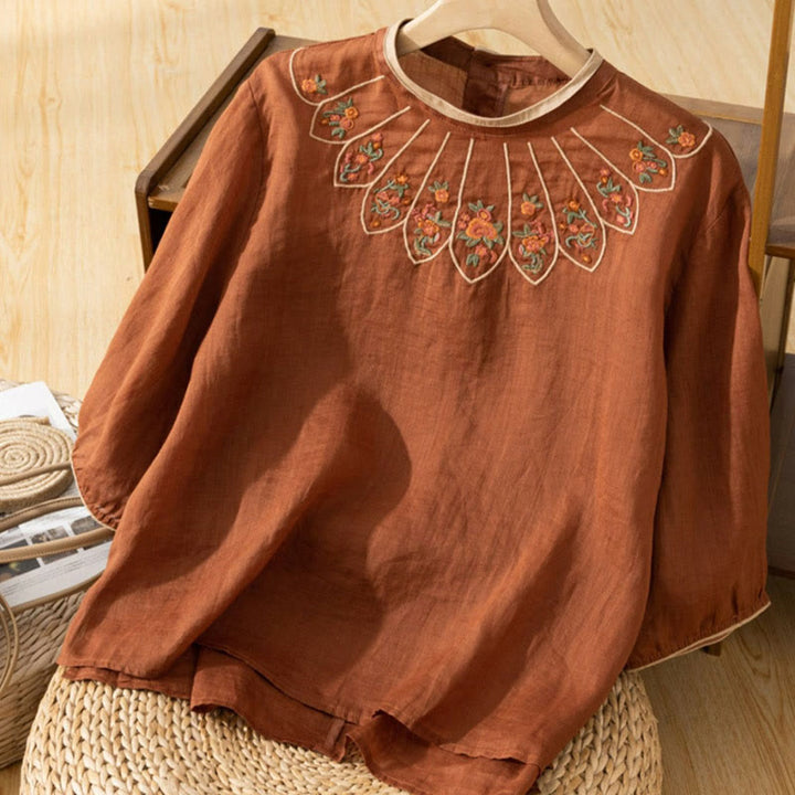 Buddha Stones Casual Embroidered Petals Women's Crew Neck Design Three Quarter Sleeve Cotton Linen T-Shirt