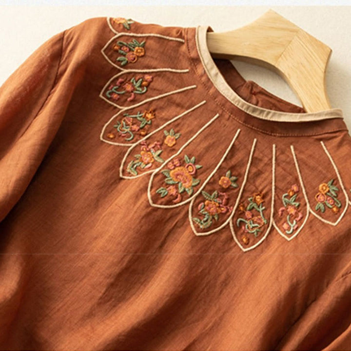 Buddha Stones Casual Embroidered Petals Women's Crew Neck Design Three Quarter Sleeve Cotton Linen T-Shirt