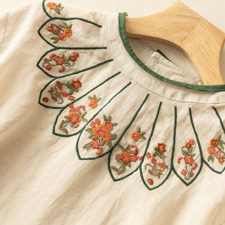 Buddha Stones Casual Embroidered Petals Women's Crew Neck Design Three Quarter Sleeve Cotton Linen T-Shirt