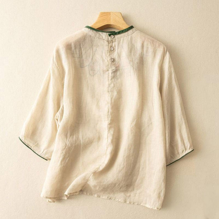 Buddha Stones Casual Embroidered Petals Women's Crew Neck Design Three Quarter Sleeve Cotton Linen T-Shirt