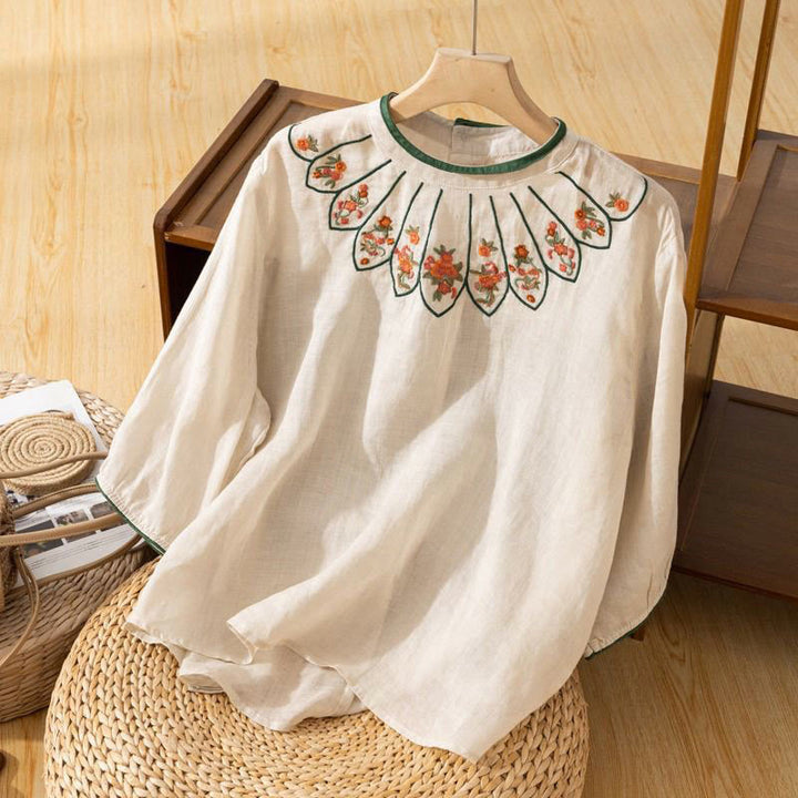 Buddha Stones Casual Embroidered Petals Women's Crew Neck Design Three Quarter Sleeve Cotton Linen T-Shirt