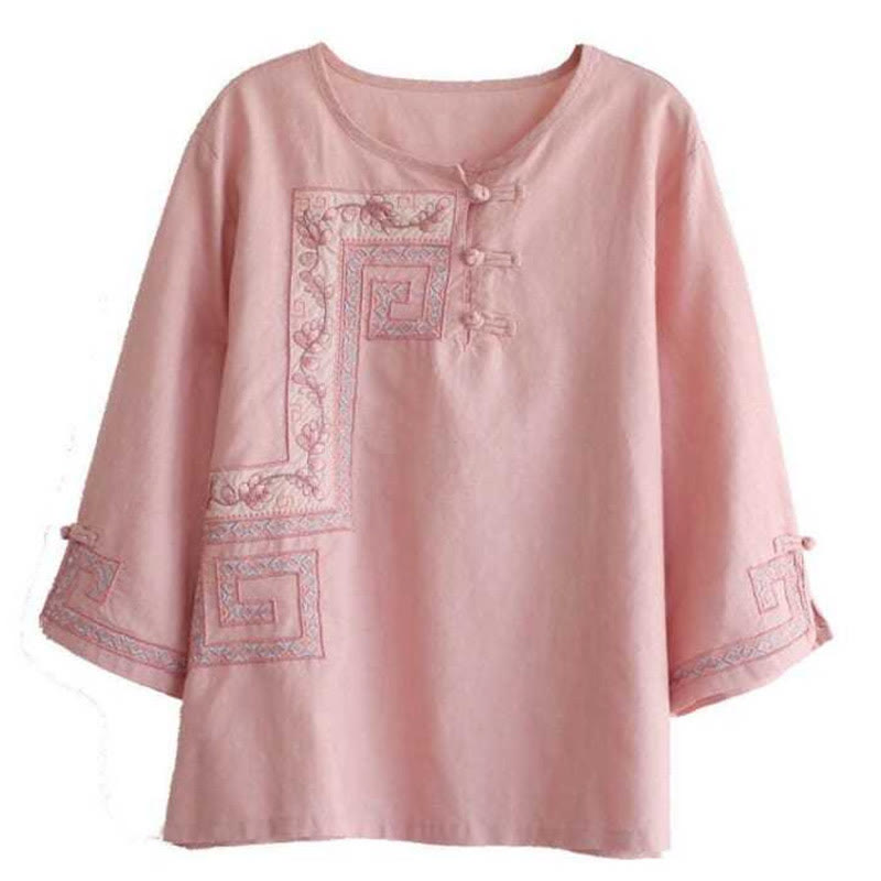 Buddha Stones Vine Embroidery Frog-button Cotton Linen Three Quarter Sleeve Women's Shirt