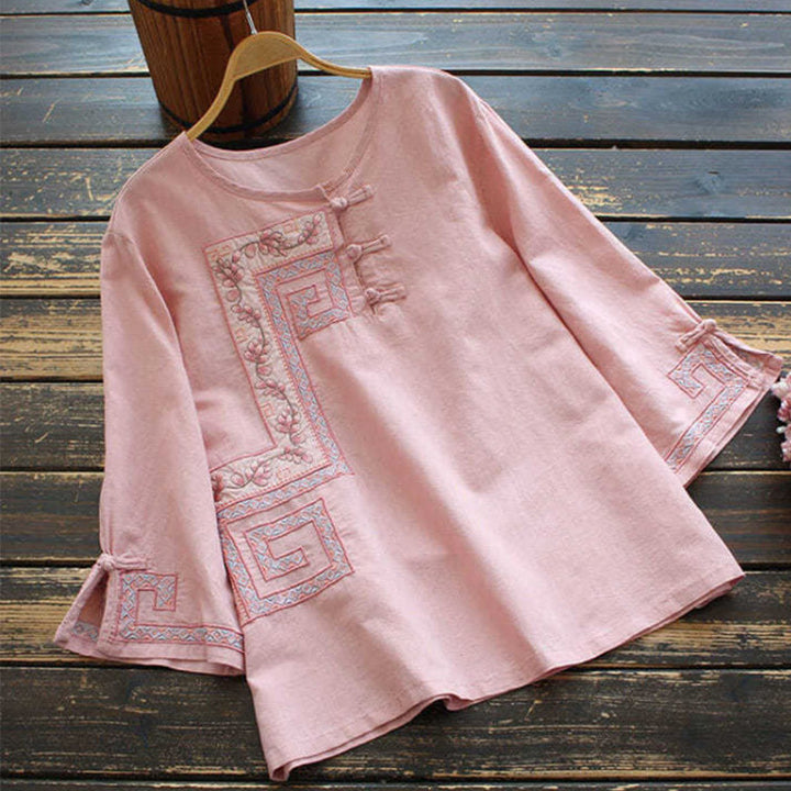Buddha Stones Vine Embroidery Frog-button Cotton Linen Three Quarter Sleeve Women's Shirt