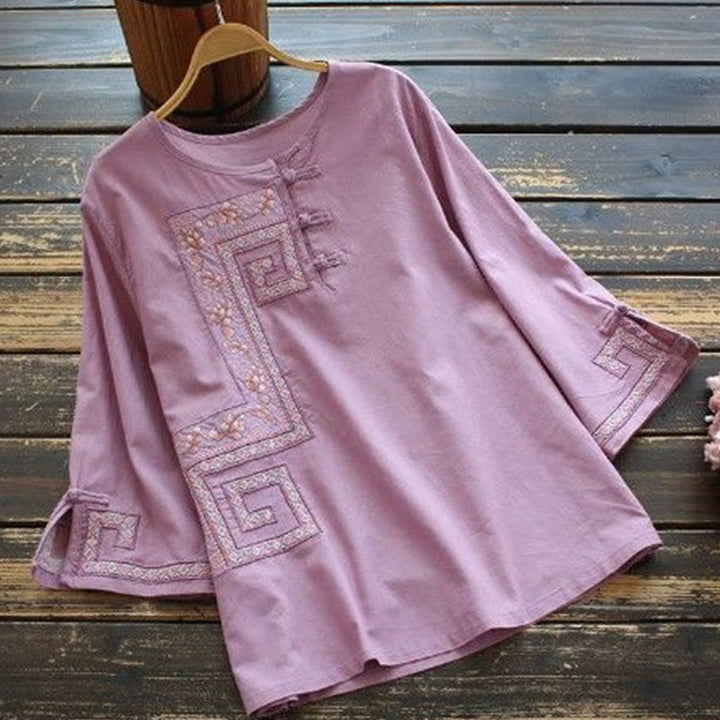 Buddha Stones Vine Embroidery Frog-button Cotton Linen Three Quarter Sleeve Women's Shirt