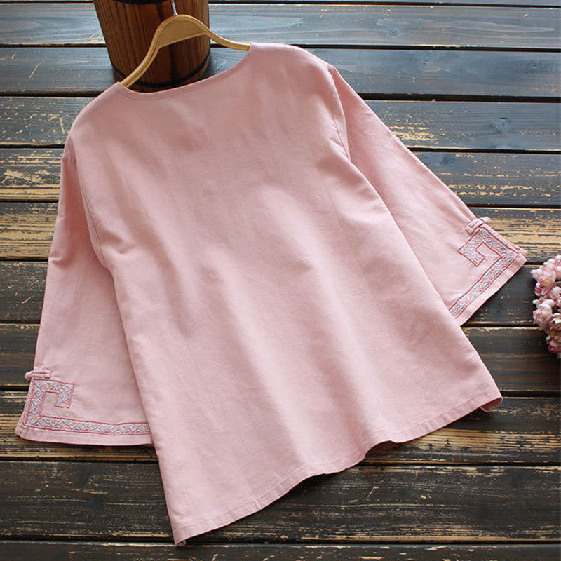 Buddha Stones Vine Embroidery Frog-button Cotton Linen Three Quarter Sleeve Women's Shirt