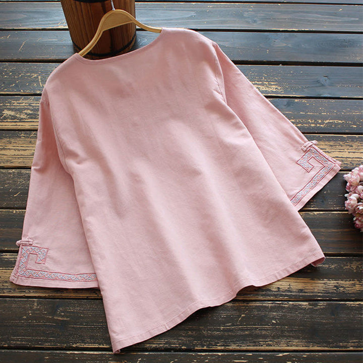Buddha Stones Vine Embroidery Frog-button Cotton Linen Three Quarter Sleeve Women's Shirt