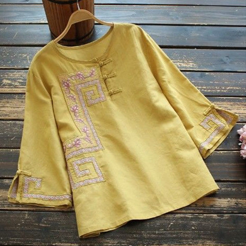 Buddha Stones Vine Embroidery Frog-button Cotton Linen Three Quarter Sleeve Women's Shirt - Khaki - US14，UK/AU18，EU46 (4XL) - image 0