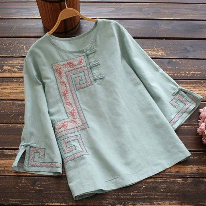 Buddha Stones Vine Embroidery Frog-button Cotton Linen Three Quarter Sleeve Women's Shirt