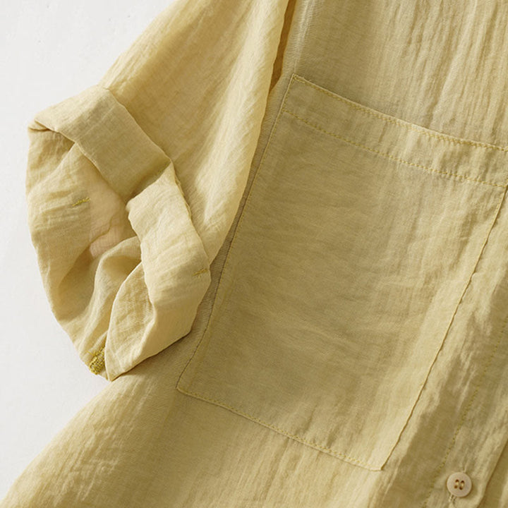 Buddha Stones Casual Loose Single Row Multi-button Cotton Linen Half Sleeve Women's Shirt With Pockets