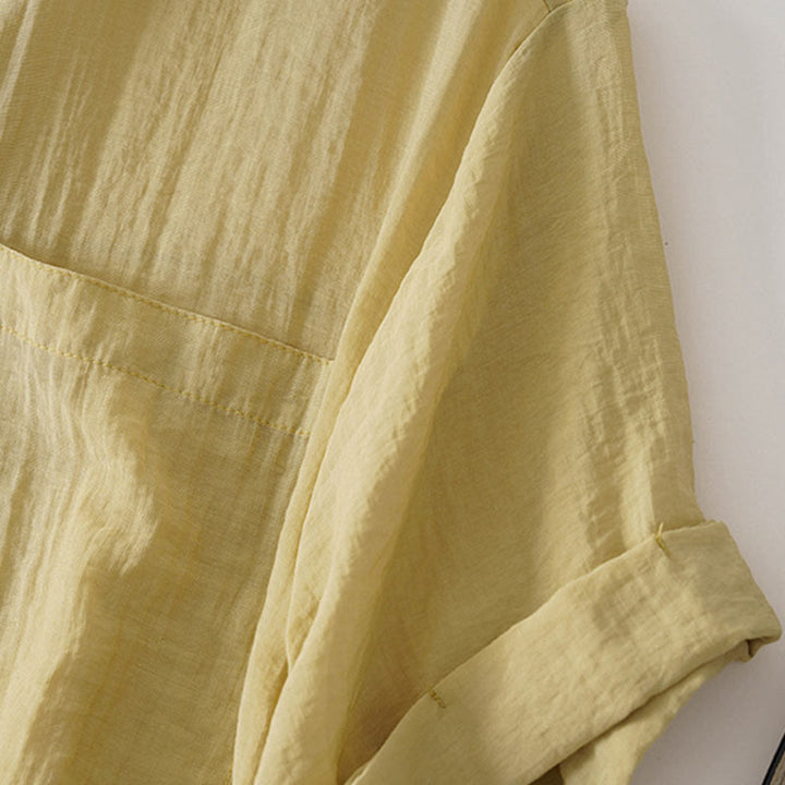 Buddha Stones Casual Loose Single Row Multi-button Cotton Linen Half Sleeve Women's Shirt With Pockets