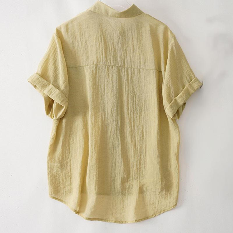 Buddha Stones Casual Loose Single Row Multi-button Cotton Linen Half Sleeve Women's Shirt With Pockets