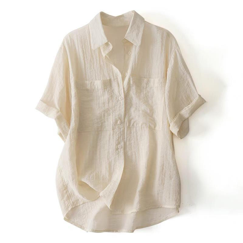 Buddha Stones Casual Loose Single Row Multi-button Cotton Linen Half Sleeve Women's Shirt With Pockets