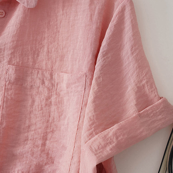 Buddha Stones Casual Loose Single Row Multi-button Cotton Linen Half Sleeve Women's Shirt With Pockets
