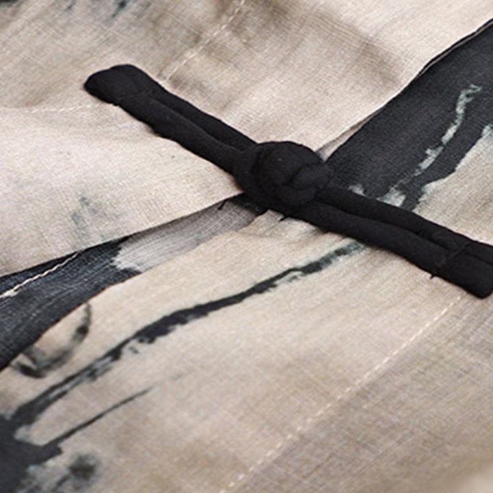 Buddha Stones Casual Loose Ink Print Frog Button Long Sleeves Cotton Linen Women's Shirt