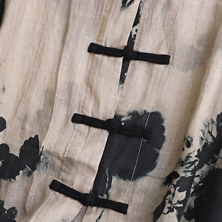 Buddha Stones Casual Loose Ink Print Frog Button Long Sleeves Cotton Linen Women's Shirt