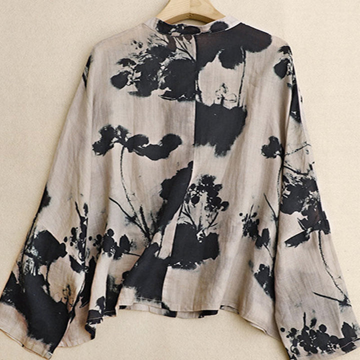 Buddha Stones Casual Loose Ink Print Frog Button Long Sleeves Cotton Linen Women's Shirt