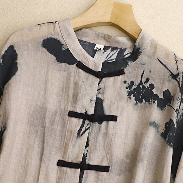 Buddha Stones Casual Loose Ink Print Frog Button Long Sleeves Cotton Linen Women's Shirt