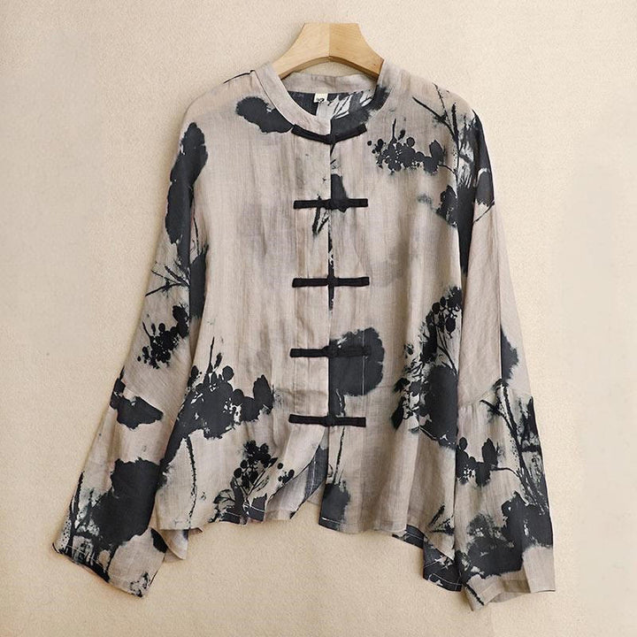 Buddha Stones Casual Loose Ink Print Frog Button Long Sleeves Cotton Linen Women's Shirt