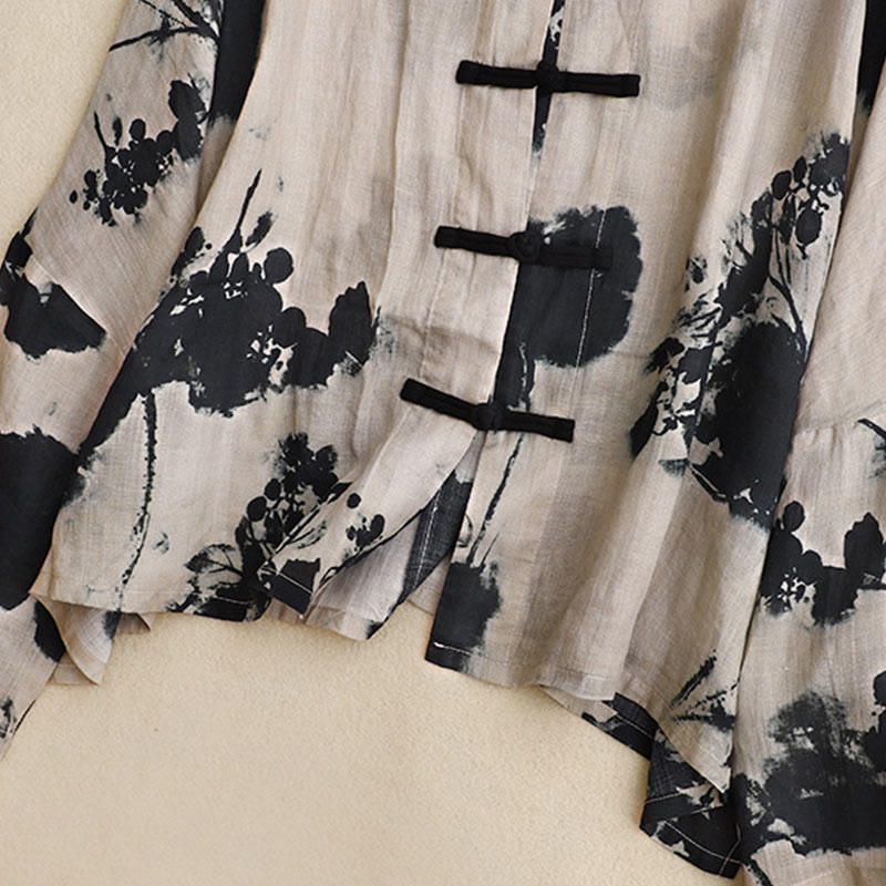 Buddha Stones Casual Loose Ink Print Frog Button Long Sleeves Cotton Linen Women's Shirt