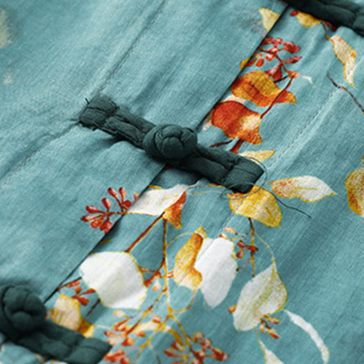 Buddha Stones Casual Loose Ink Print Frog Button Long Sleeves Cotton Linen Women's Shirt