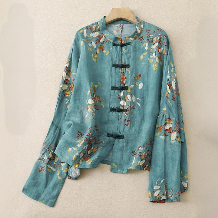 Buddha Stones Casual Loose Ink Print Frog Button Long Sleeves Cotton Linen Women's Shirt