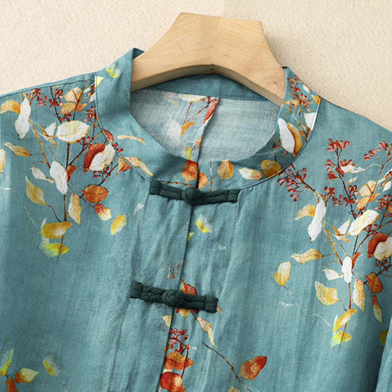 Buddha Stones Casual Loose Ink Print Frog Button Long Sleeves Cotton Linen Women's Shirt