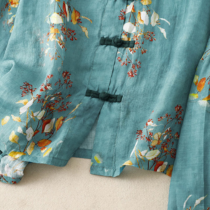 Buddha Stones Casual Loose Ink Print Frog Button Long Sleeves Cotton Linen Women's Shirt