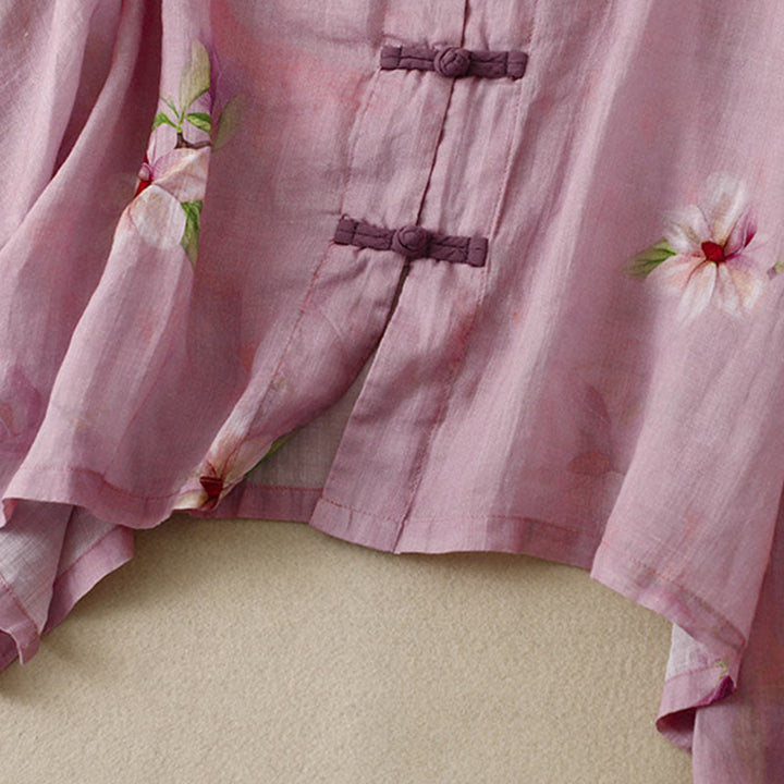Buddha Stones Casual Loose Ink Print Frog Button Long Sleeves Cotton Linen Women's Shirt