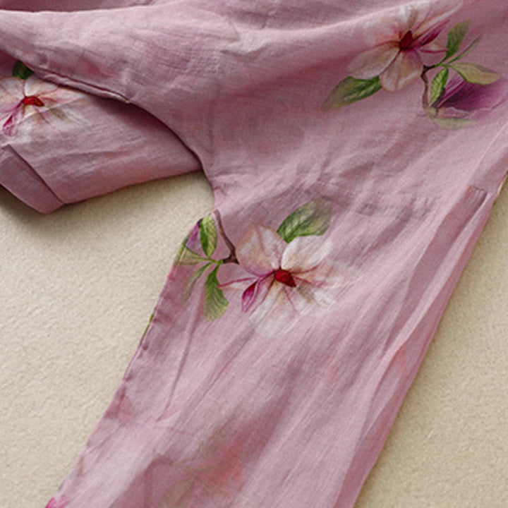 Buddha Stones Casual Loose Ink Print Frog Button Long Sleeves Cotton Linen Women's Shirt