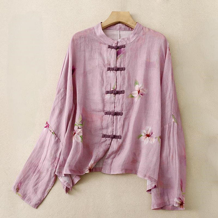 Buddha Stones Casual Loose Ink Print Frog Button Long Sleeves Cotton Linen Women's Shirt