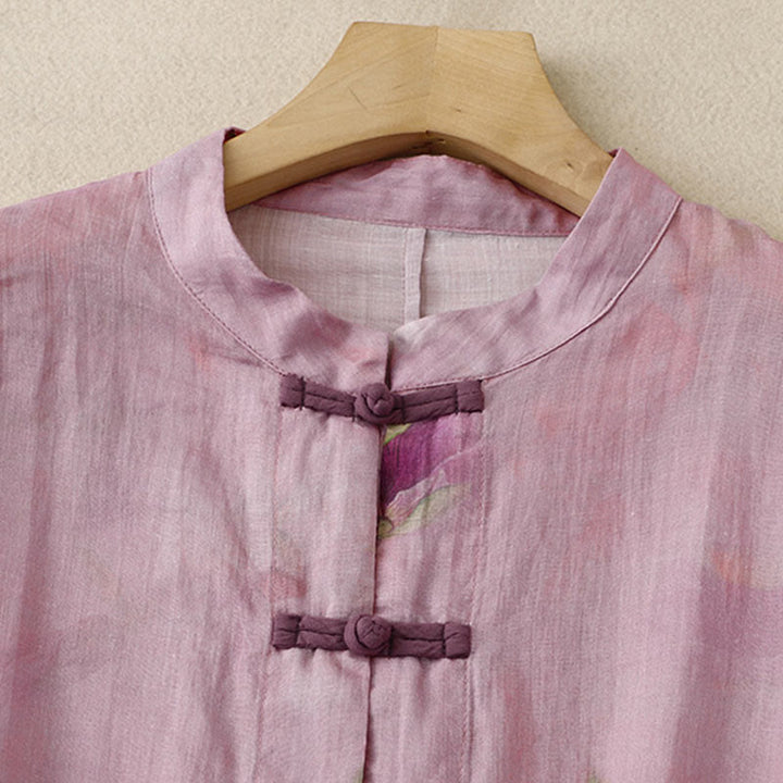 Buddha Stones Casual Loose Ink Print Frog Button Long Sleeves Cotton Linen Women's Shirt