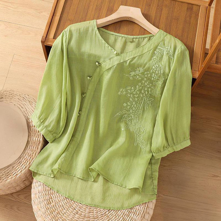Buddha Stones Casual Loose Flower Embroidery Frog Button Short Sleeve Cotton Linen Women's Shirt
