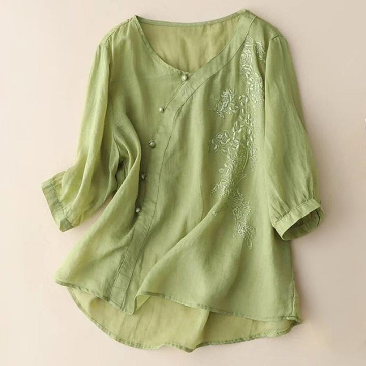 Buddha Stones Casual Loose Flower Embroidery Frog Button Short Sleeve Cotton Linen Women's Shirt