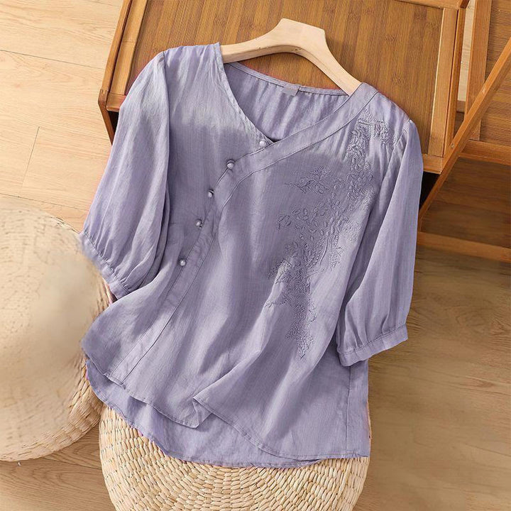 Buddha Stones Casual Loose Flower Embroidery Frog Button Short Sleeve Cotton Linen Women's Shirt