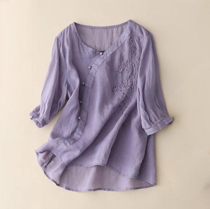 Buddha Stones Casual Loose Flower Embroidery Frog Button Short Sleeve Cotton Linen Women's Shirt