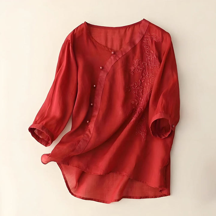 Buddha Stones Casual Loose Flower Embroidery Frog Button Short Sleeve Cotton Linen Women's Shirt