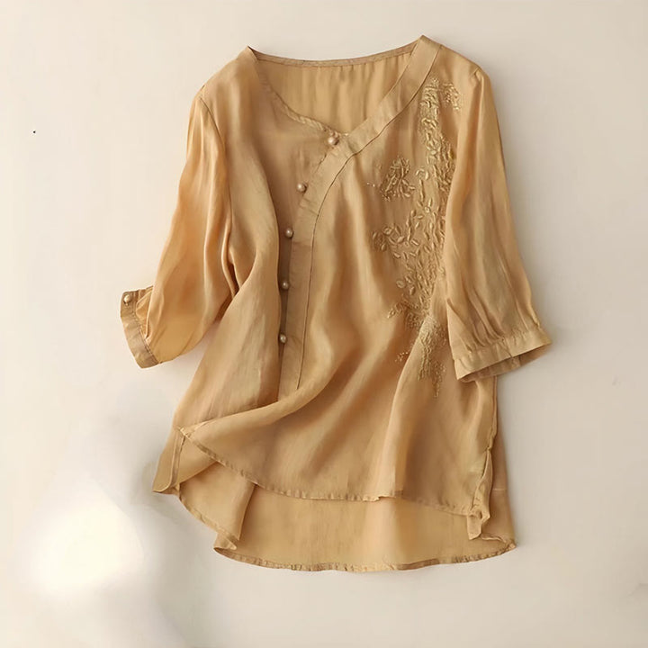 Buddha Stones Casual Loose Flower Embroidery Frog Button Short Sleeve Cotton Linen Women's Shirt