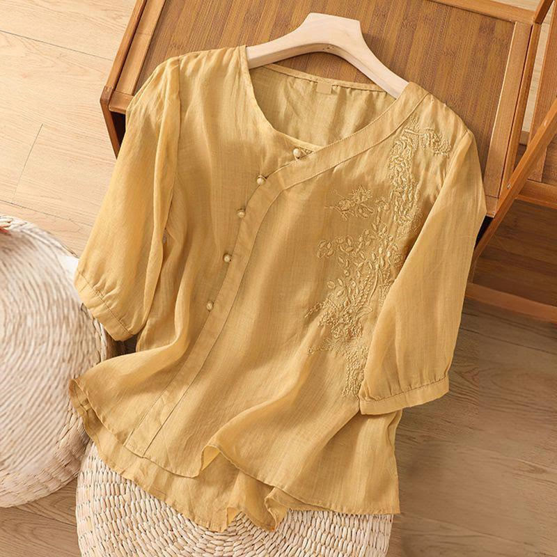 Buddha Stones Casual Loose Flower Embroidery Frog Button Short Sleeve Cotton Linen Women's Shirt