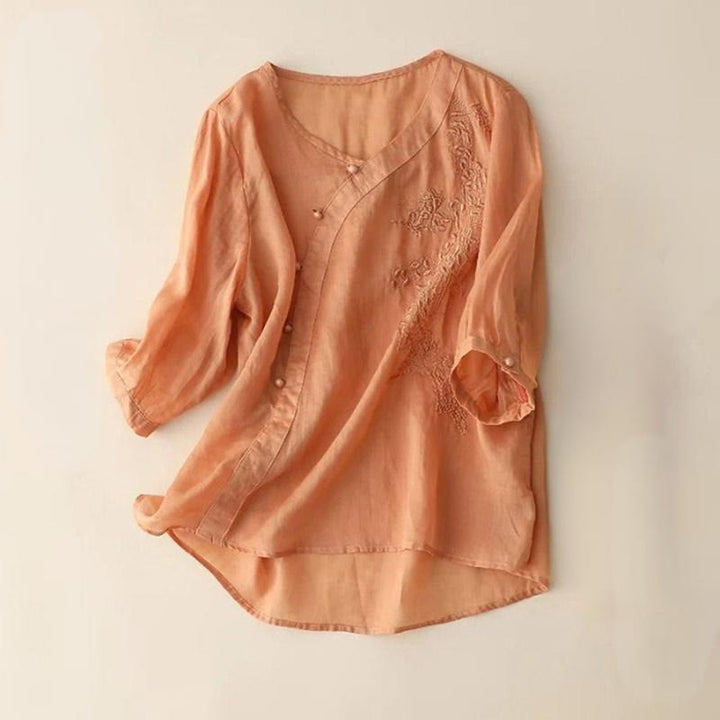 Buddha Stones Casual Loose Flower Embroidery Frog Button Short Sleeve Cotton Linen Women's Shirt