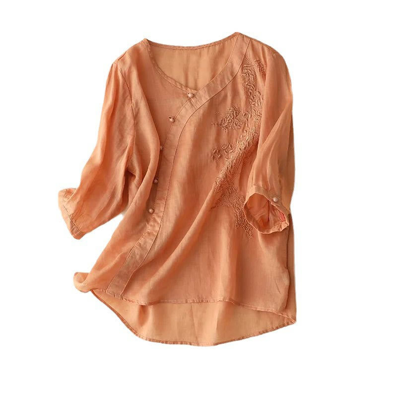 Buddha Stones Casual Loose Flower Embroidery Frog Button Short Sleeve Cotton Linen Women's Shirt