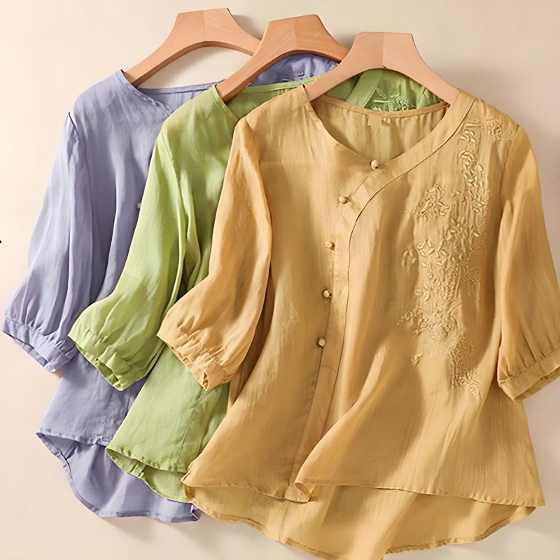 Buddha Stones Casual Loose Flower Embroidery Frog Button Short Sleeve Cotton Linen Women's Shirt