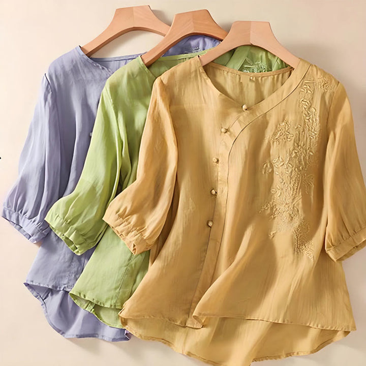 Buddha Stones Casual Loose Flower Embroidery Frog Button Short Sleeve Cotton Linen Women's Shirt