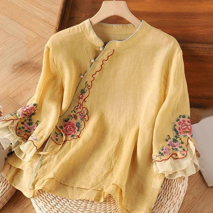 Buddha Stones Casual Loose Peony Embroidery Frog Button Three Quarter Sleeve Cotton Linen Women's Shirt