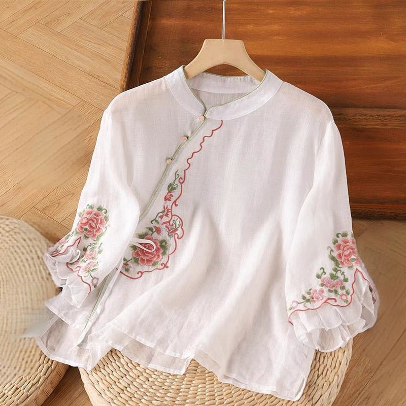 Buddha Stones Casual Loose Peony Embroidery Frog Button Three Quarter Sleeve Cotton Linen Women's Shirt