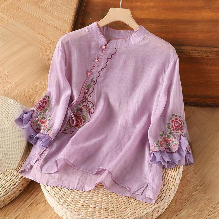Buddha Stones Casual Loose Peony Embroidery Frog Button Three Quarter Sleeve Cotton Linen Women's Shirt