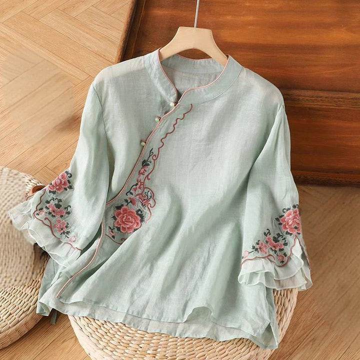 Buddha Stones Casual Loose Peony Embroidery Frog Button Three Quarter Sleeve Cotton Linen Women's Shirt